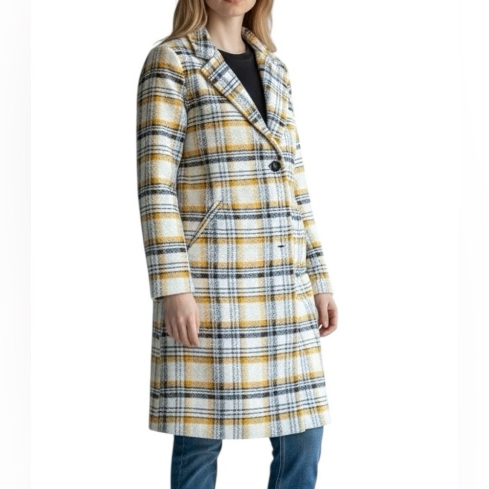 Cynthia Rowley Wool blend Plaid Pea Coat Gray black gold Women’s L Single button